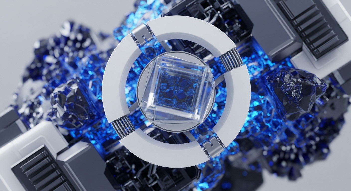 A central, transparent cube reveals a complex blue crystalline structure, surrounded by a white ring with metallic connectors. This abstract composition is set against a backdrop of fragmented, glowing blue crystals and sharp, metallic geometric forms, evoking the intricate architecture of decentralized systems