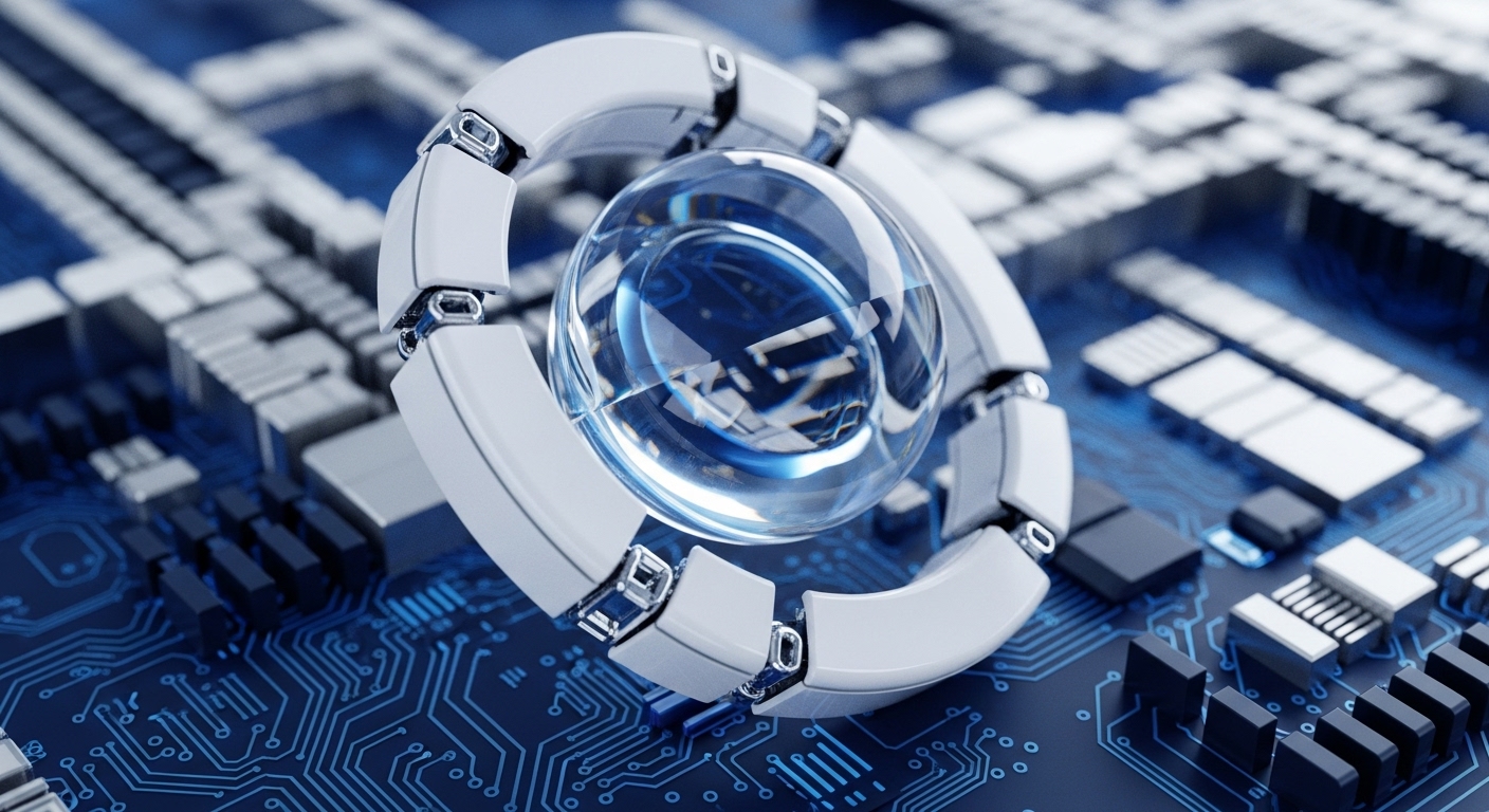 A gleaming, translucent sphere, possibly representing a quantum bit or a genesis block, is cradled within a segmented, metallic torus. This futuristic construct rests upon a densely populated printed circuit board, its blue traces and silver components evoking the intricate architecture of a blockchain network or a distributed ledger technology. The sphere's interior reveals abstract digital patterns, hinting at the complex algorithms and cryptographic hashing functions fundamental to cryptocurrency creation and secure transaction processing within decentralized finance DeFi ecosystems.
