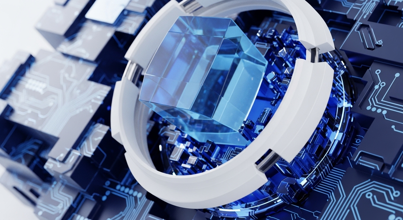 A glowing blue quantum cube, symbolizing a qubit or secure cryptographic element, is encased by a white circular structure against a backdrop of intricate blue circuitry and layered digital blocks. This imagery encapsulates the fusion of quantum mechanics and distributed ledger technology, hinting at the transformative impact on blockchain security and the development of advanced cryptographic protocols