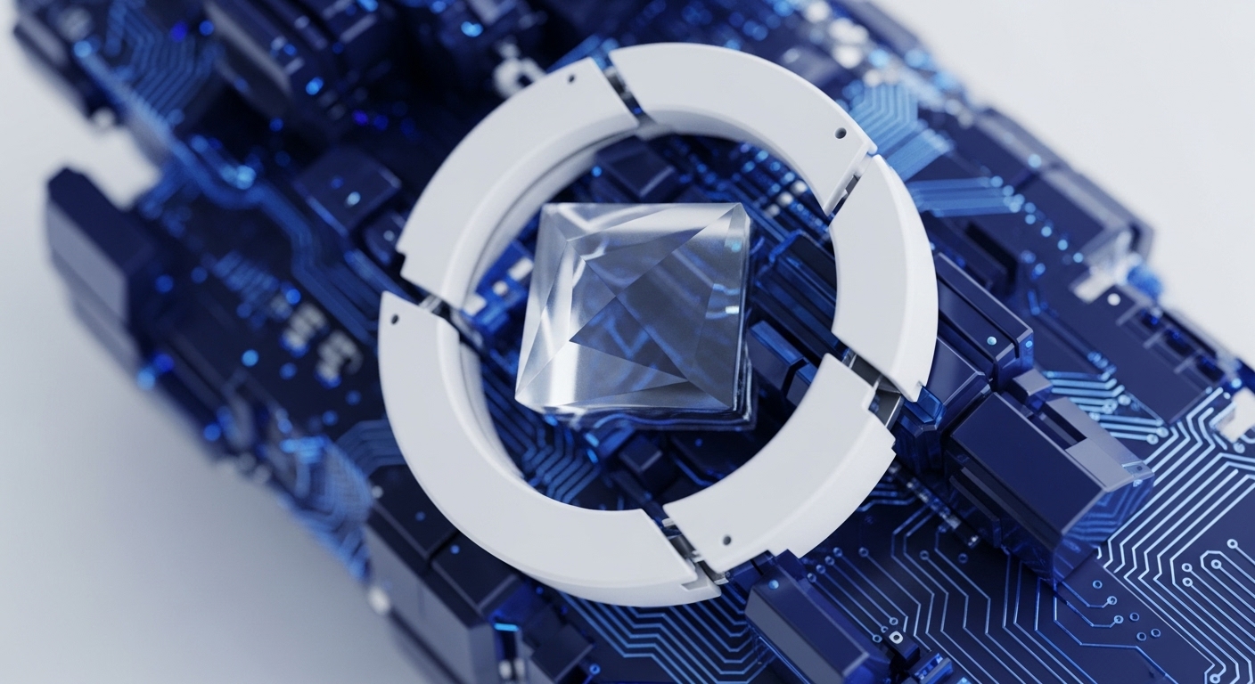 A clear, faceted crystalline object is centrally positioned within a broken white ring, superimposed on a detailed, luminous blue circuit board. This imagery evokes the cutting edge of digital security and decentralized systems