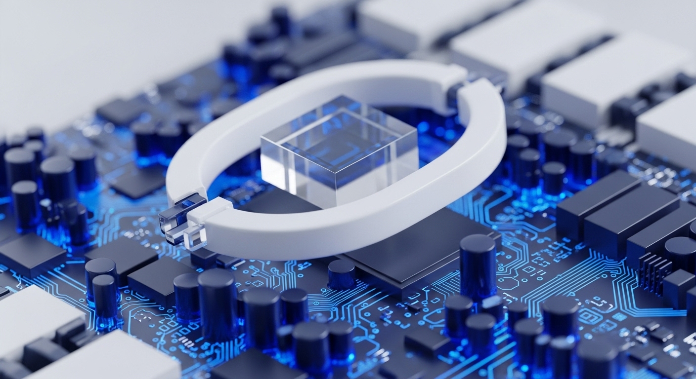A clear cubic structure is positioned within a white loop, set against a backdrop of a detailed circuit board illuminated by vibrant blue light. The board is populated with various electronic components, including dark rectangular chips and cylindrical capacitors, illustrating a sophisticated technological landscape