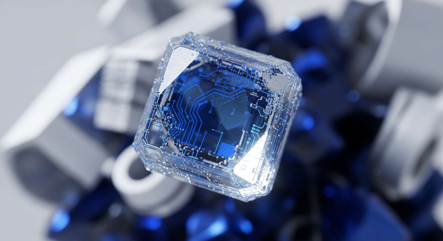 A faceted, transparent cube containing glowing blue circuit patterns dominates the foreground, evoking a quantum processing unit. The background is a soft focus of metallic and deep blue elements, suggestive of interconnected nodes within a distributed ledger system or secure hardware for cryptocurrency storage