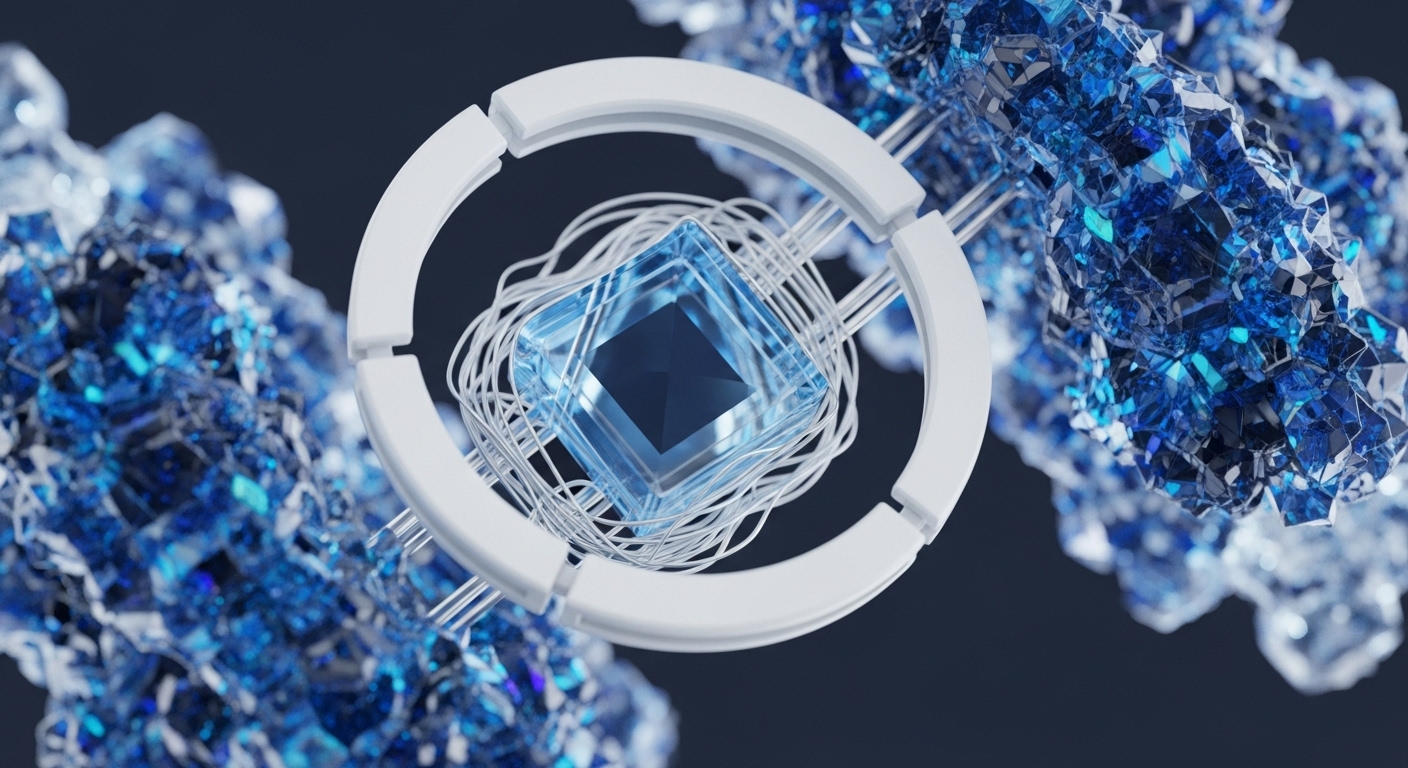 A glowing blue cubic processor, reminiscent of a diamond, is cradled by a white circular frame, intricately linked by fine wires. This central component is enveloped by clusters of sharp, vibrant blue crystals, creating a futuristic and abstract aesthetic