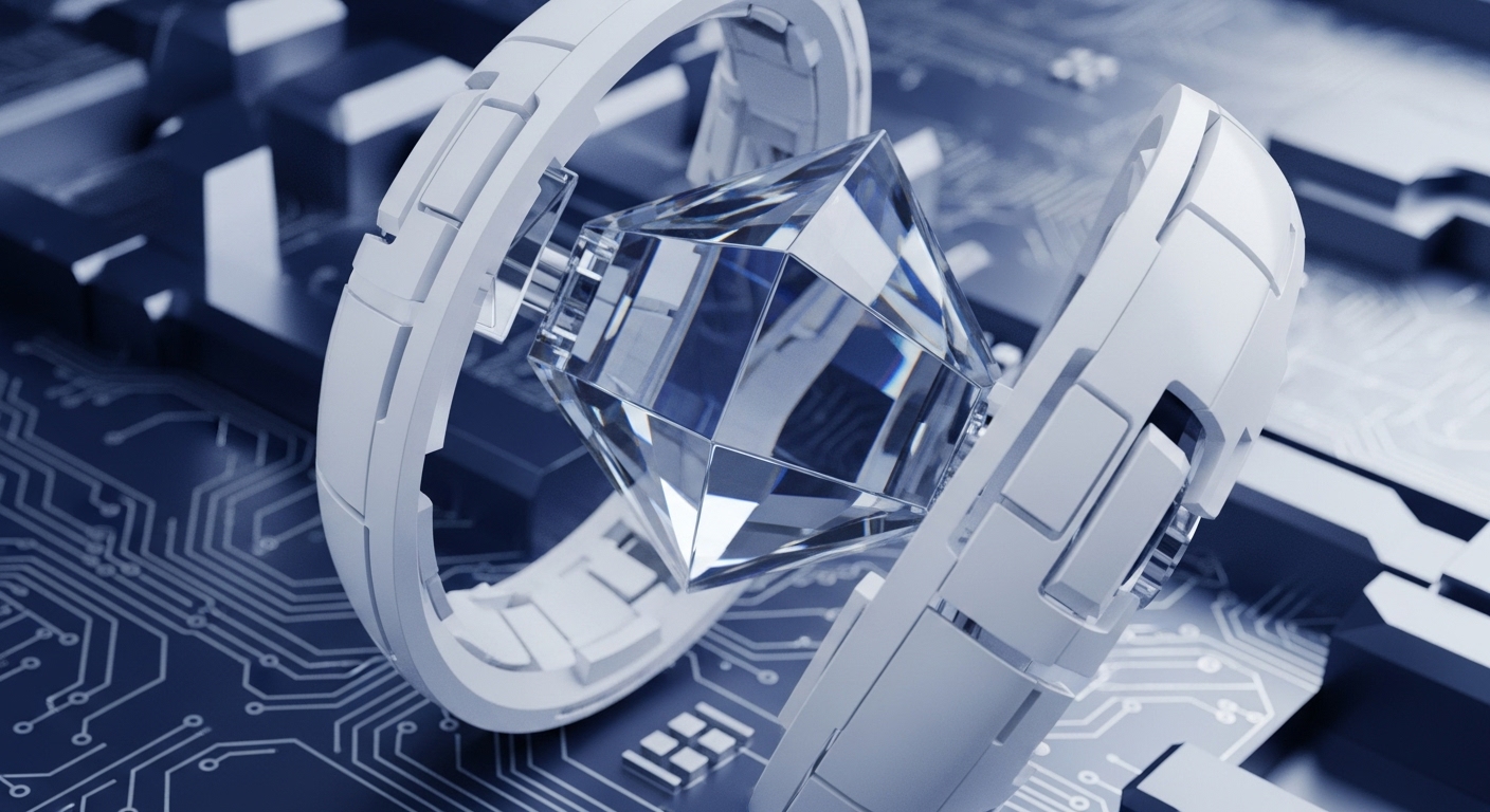 A highly refractive crystalline diamond sits at the nexus of a segmented white torus, resting on a detailed circuit board. This abstract representation merges the tangible purity of a diamond with the complex architecture of electronic circuitry, symbolizing the integration of advanced cryptographic principles into digital systems