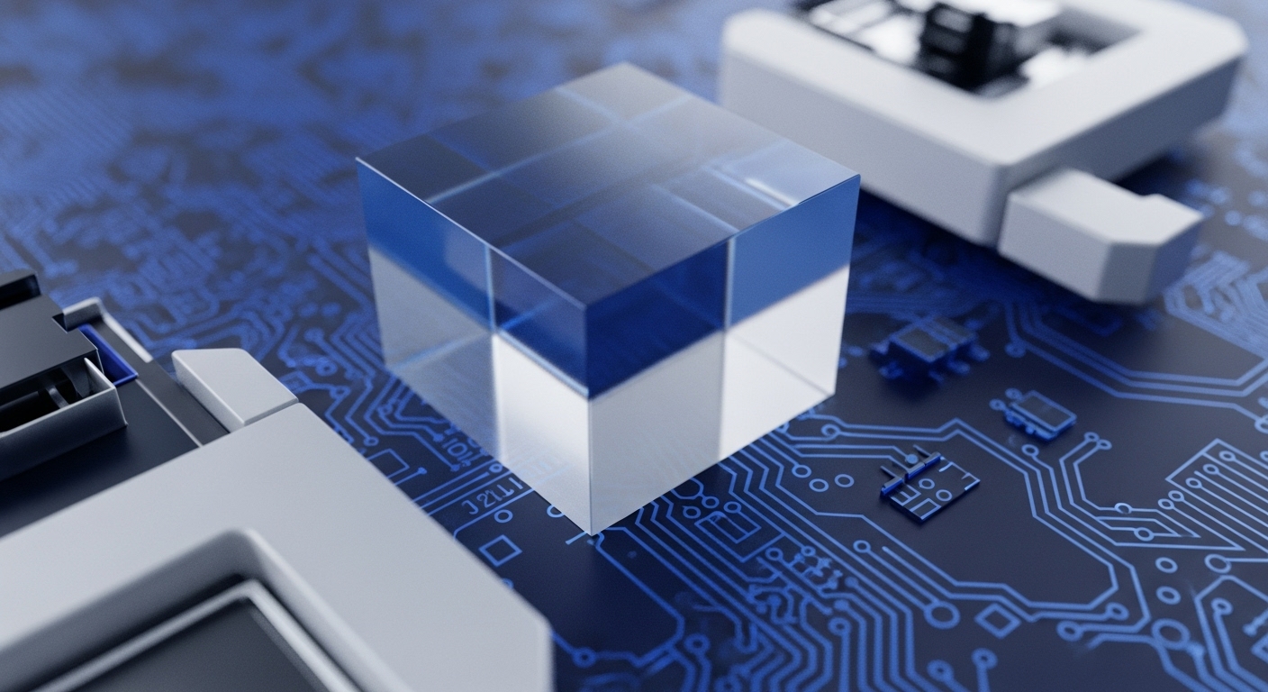 A clear cubic structure sits atop a detailed circuit board illuminated with blue patterns. This juxtaposition highlights the critical intersection of quantum cryptography and blockchain technology