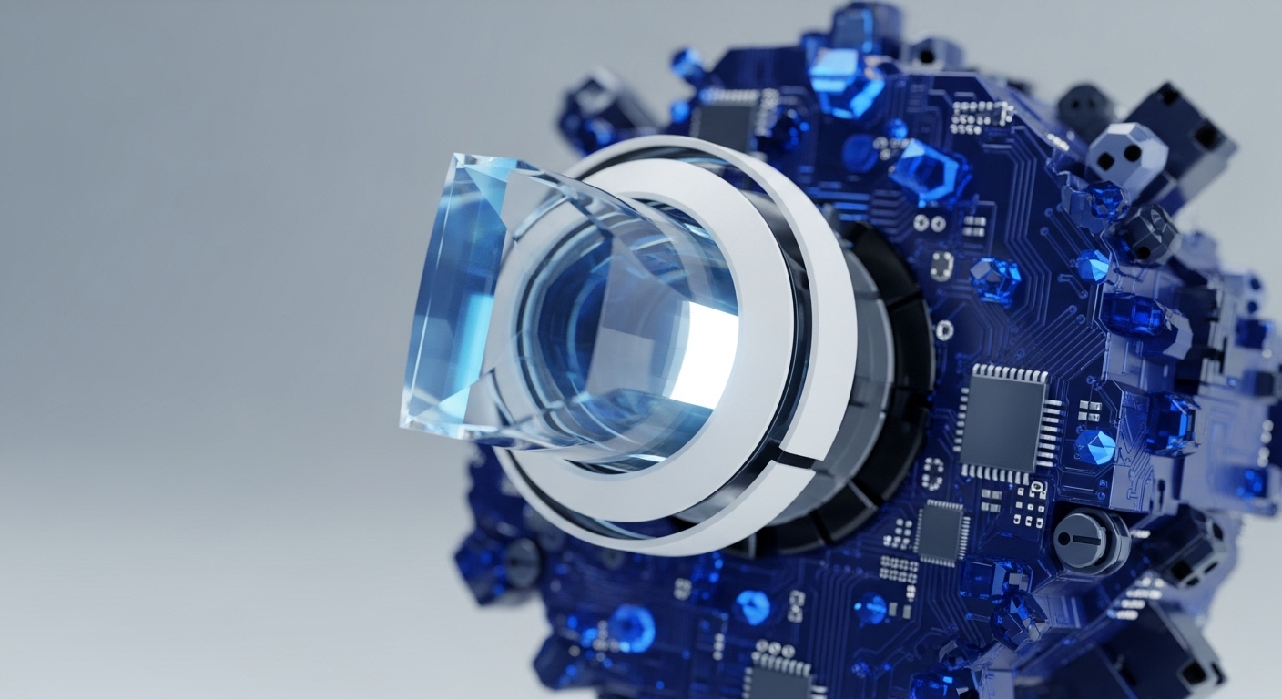 A high-resolution, abstract digital rendering showcases a brilliant, faceted diamond lens positioned at the forefront of a spherical, intricate network of blue printed circuit boards. This device is laden with visible microchips, processors, and crystalline blue components, symbolizing the profound intersection of cutting-edge cryptography, including quantum-resistant solutions, and the foundational infrastructure of blockchain and decentralized ledger technologies