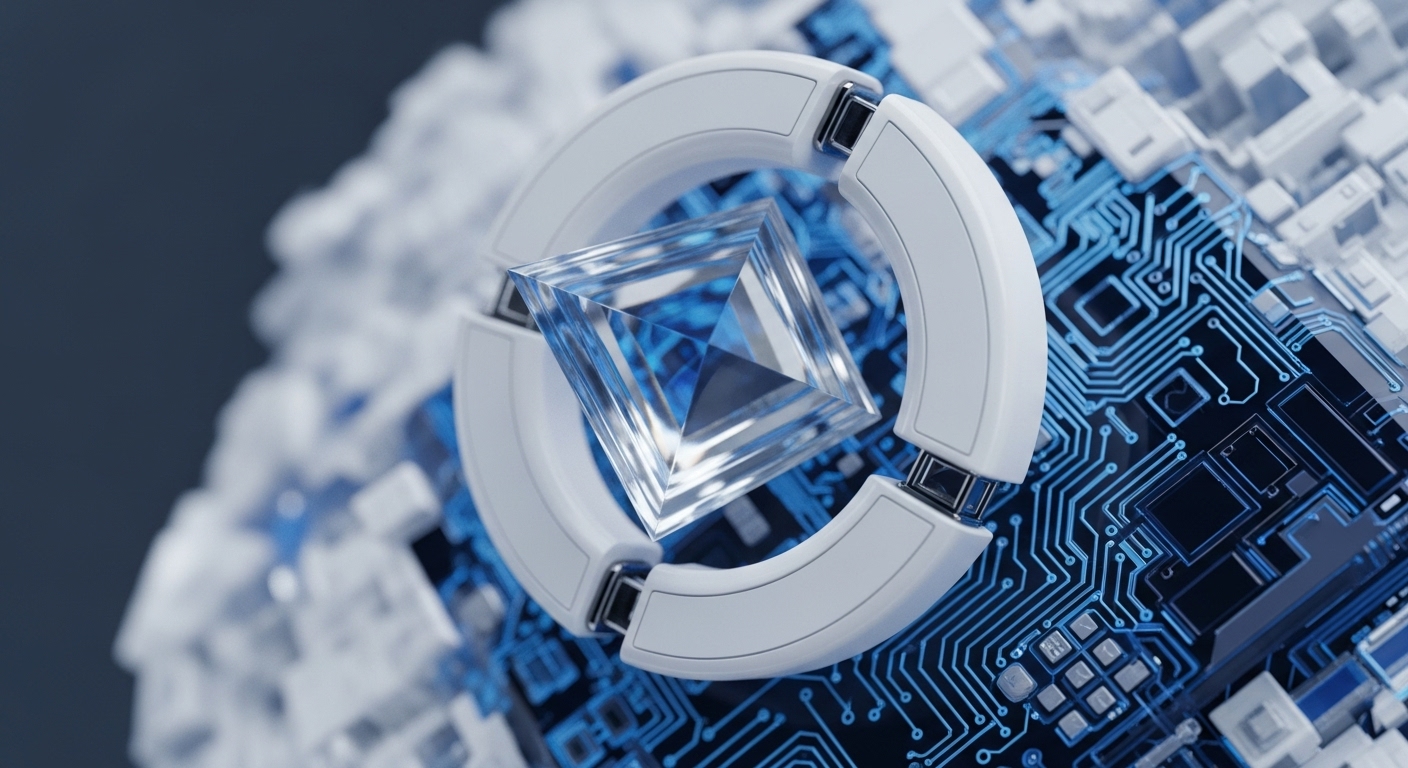 A brilliant, square-cut crystal is held within a segmented white ring, suggesting a secure element or core processing unit. This assembly is intricately connected to a vibrant blue, illuminated circuit board, indicative of advanced computational infrastructure
