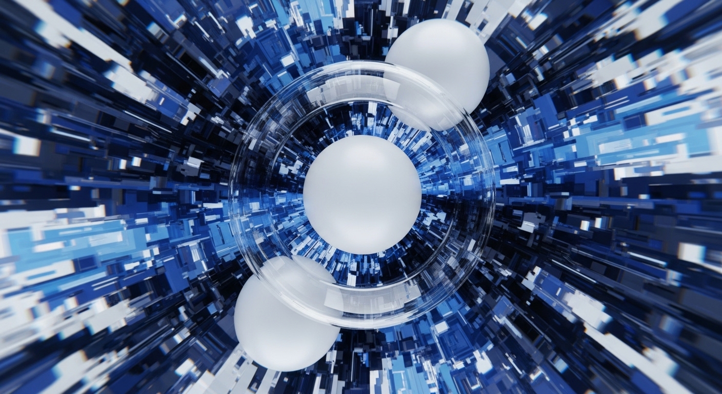 Luminous white spheres, representing nodes or data packets, are centrally positioned within a transparent conduit, framed by clear rings. This composition is set against a dynamic, abstract digital environment characterized by a deep blue and black tunnel effect, with sharp, receding geometric lines conveying rapid information transit