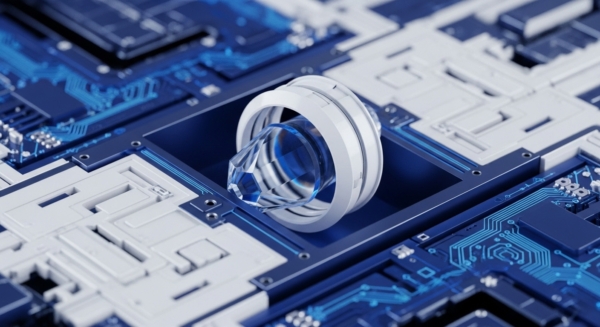 A multifaceted crystalline structure, resembling a cut gem, is suspended within a circular, white housing. This assembly sits atop a complex, layered circuit board featuring intricate blue conductive pathways. The juxtaposition suggests the integration of advanced cryptographic mechanisms, possibly quantum key distribution QKD or post-quantum cryptography PQC, with blockchain infrastructure. This visual metaphor highlights the ongoing evolution of digital asset security, emphasizing the transition towards quantum-resistant solutions for safeguarding decentralized finance DeFi and distributed ledger technology DLT ecosystems against future computational threats.