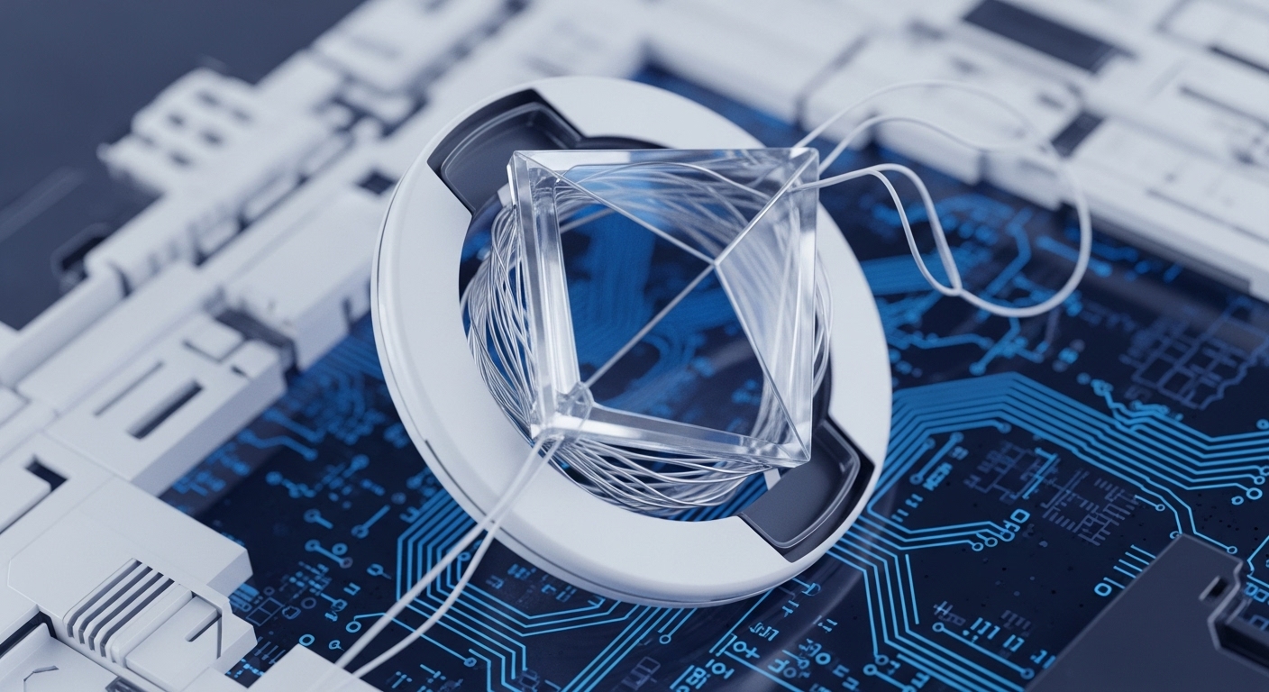 A clear, geometric crystal, appearing as a nexus of light and fine wires, is centrally positioned. This structure sits atop a dark, intricate motherboard adorned with glowing blue circuit traces and binary code indicators