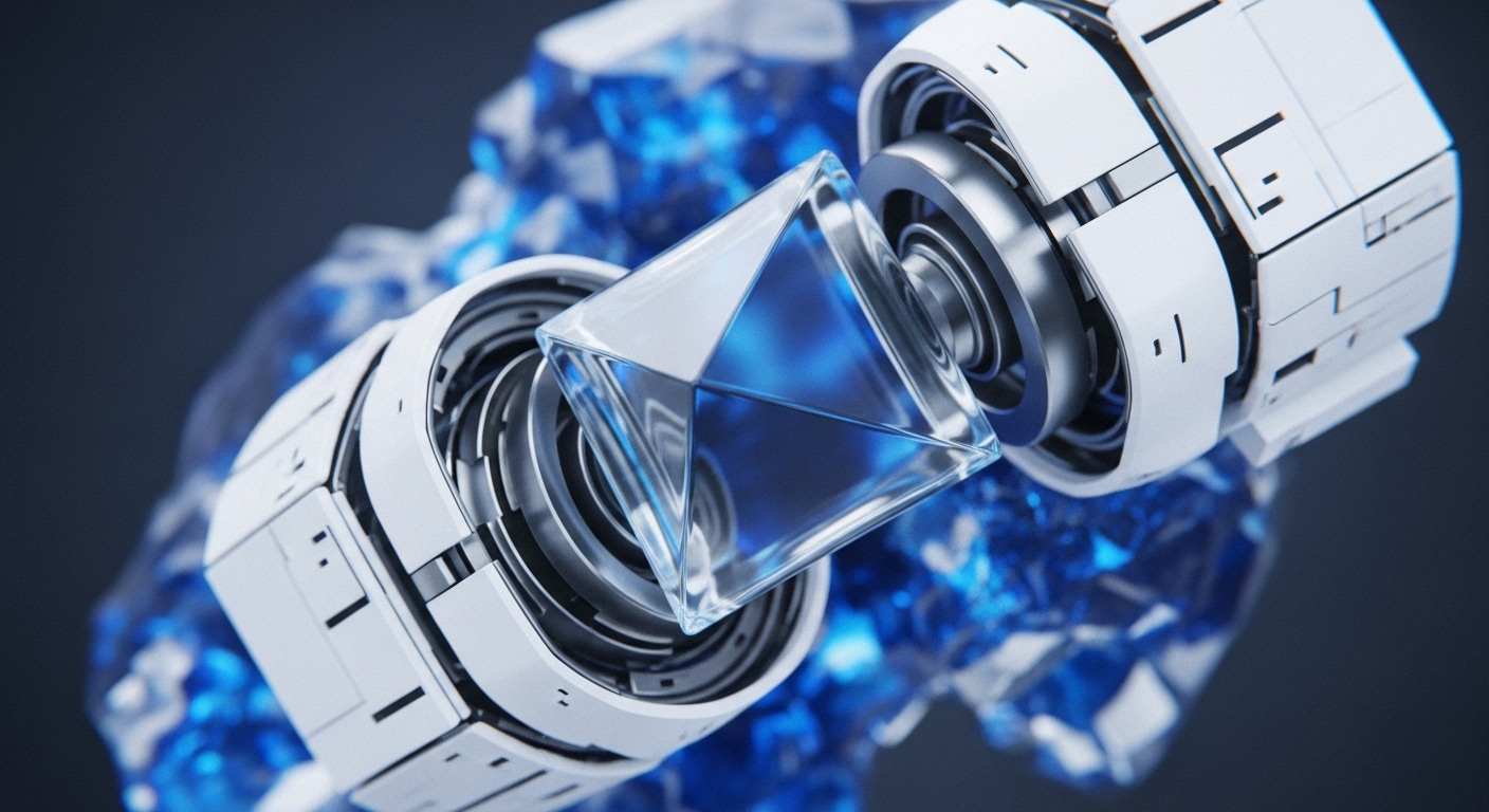A luminous, faceted blue crystal is precisely held by advanced robotic manipulators, each with a complex, layered metallic and white casing. The crystal's sharp edges and internal luminescence suggest a core data structure, possibly representing a genesis block or a unique cryptographic key within a decentralized network