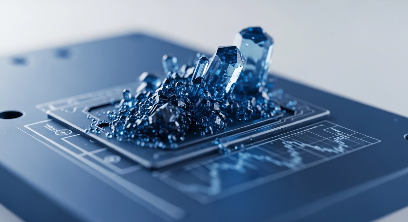 Sharp, multifaceted blue crystals are growing from a dark, metallic surface imprinted with technical schematics and financial charts. This visual metaphor explores the foundational principles of blockchain technology and cryptocurrency networks