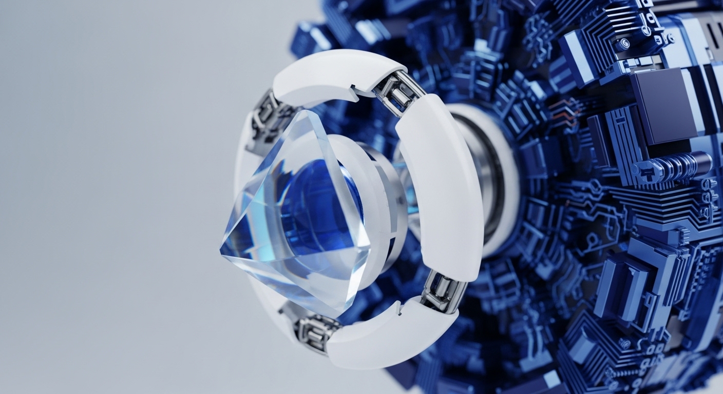 A luminous, faceted crystal is secured by white robotic arms within a detailed blue technological apparatus. This apparatus features intricate circuitry and components, evoking advanced computing and data processing