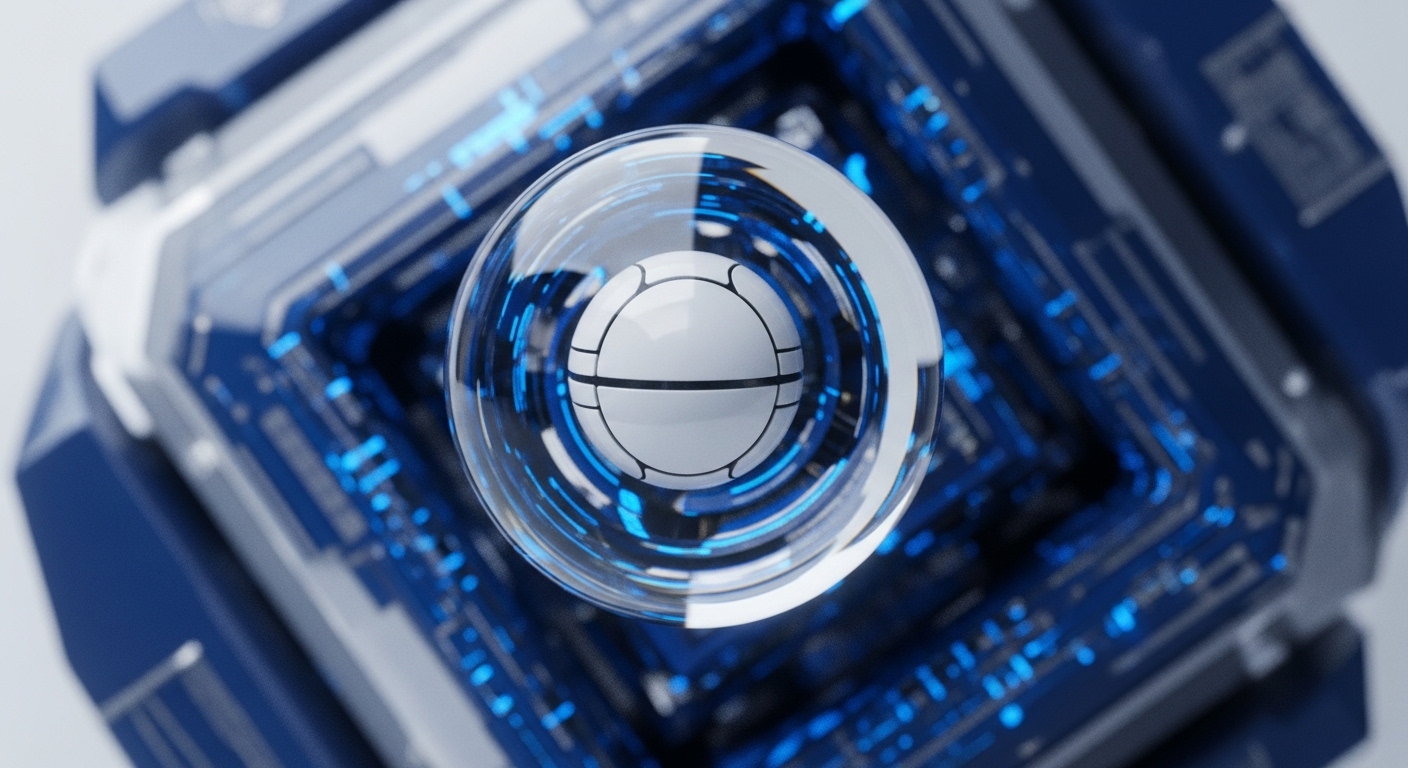 A central, transparent sphere encases a white orb marked with precise, symmetrical lines, evoking a sense of contained digital essence or a core cryptographic key. This sphere is nestled within an elaborate, layered digital framework of deep blue hues, illuminated by vibrant, pulsating blue lights that trace complex pathways, indicative of active data flow and network processing