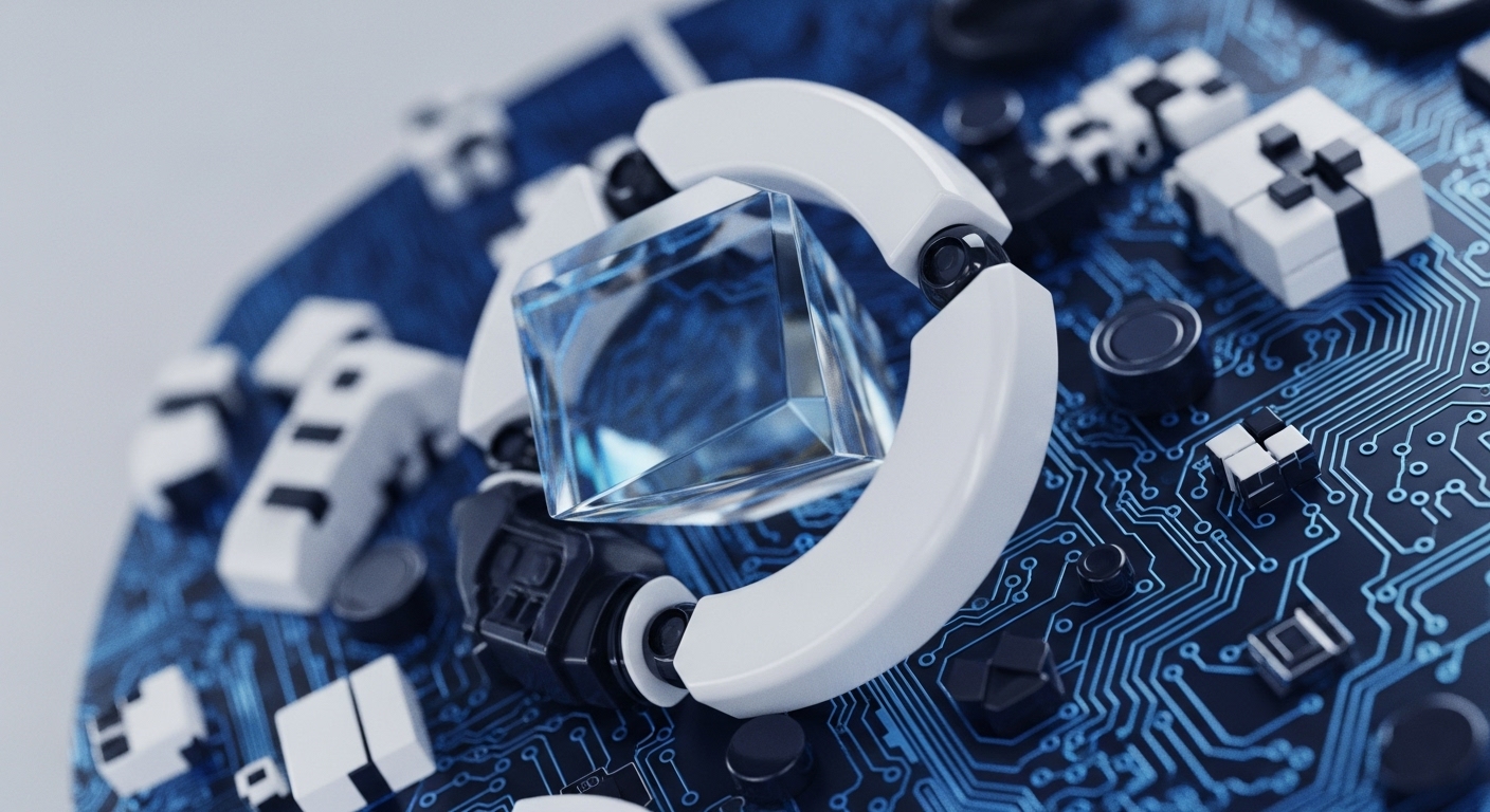 A luminous, faceted crystal cube is cradled by a white mechanical ring, all positioned on a detailed blue circuit board. The board features glowing blue traces and electronic components, resembling a high-tech motherboard