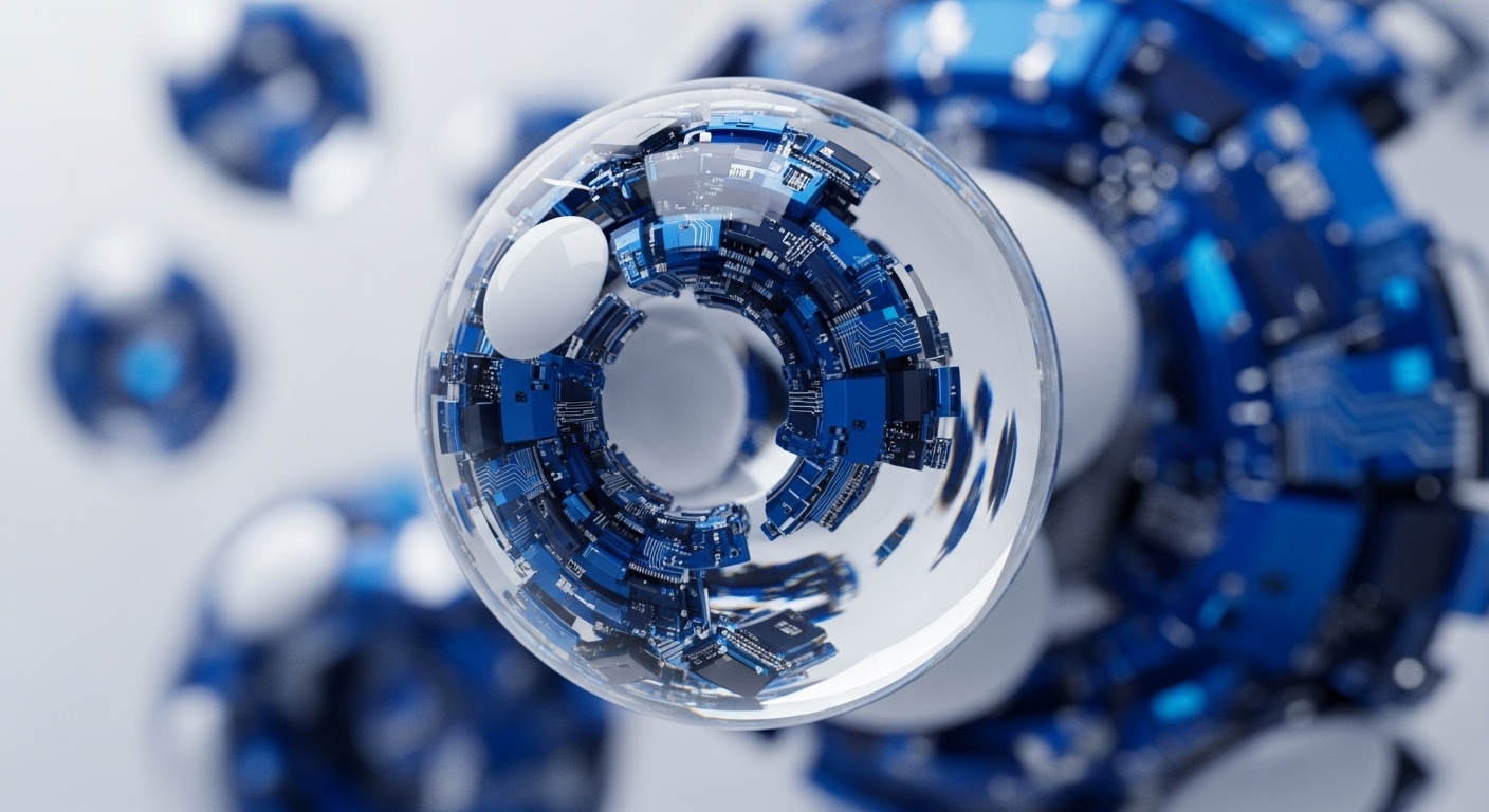 A highly detailed, transparent sphere showcases an intricate, circular assembly of blue and black electronic components resembling a microchip or a core processing unit. This central element is surrounded by other out-of-focus spheres, creating a sense of depth and a distributed network