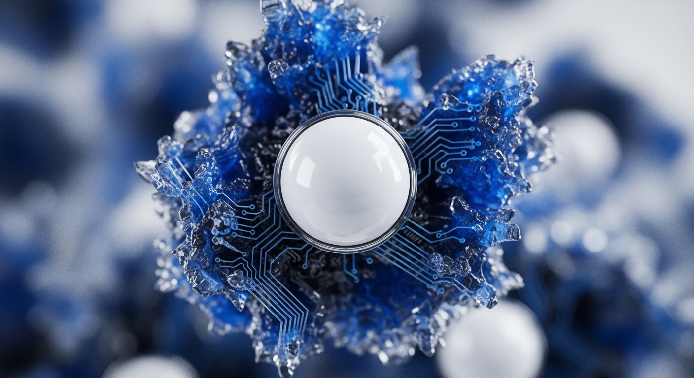 A pristine white orb sits at the core of a jagged, ice-like blue formation, detailed with illuminated circuit board pathways. This striking composition visually articulates the convergence of cutting-edge technology and abstract digital concepts