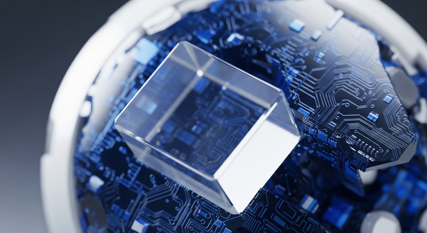 A clear cubic prism is positioned on a detailed, illuminated blue circuit board, suggesting a fusion of digital infrastructure and advanced security. The circuit board's complex layout represents the intricate design of blockchain networks and their distributed consensus mechanisms
