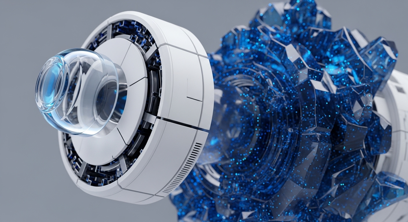 A clear, multifaceted crystalline formation, illuminated by an internal luminescence of blue light and scattered particles, connects to a sophisticated white mechanical device. This device exhibits detailed internal mechanisms and a smooth, transparent glass lens