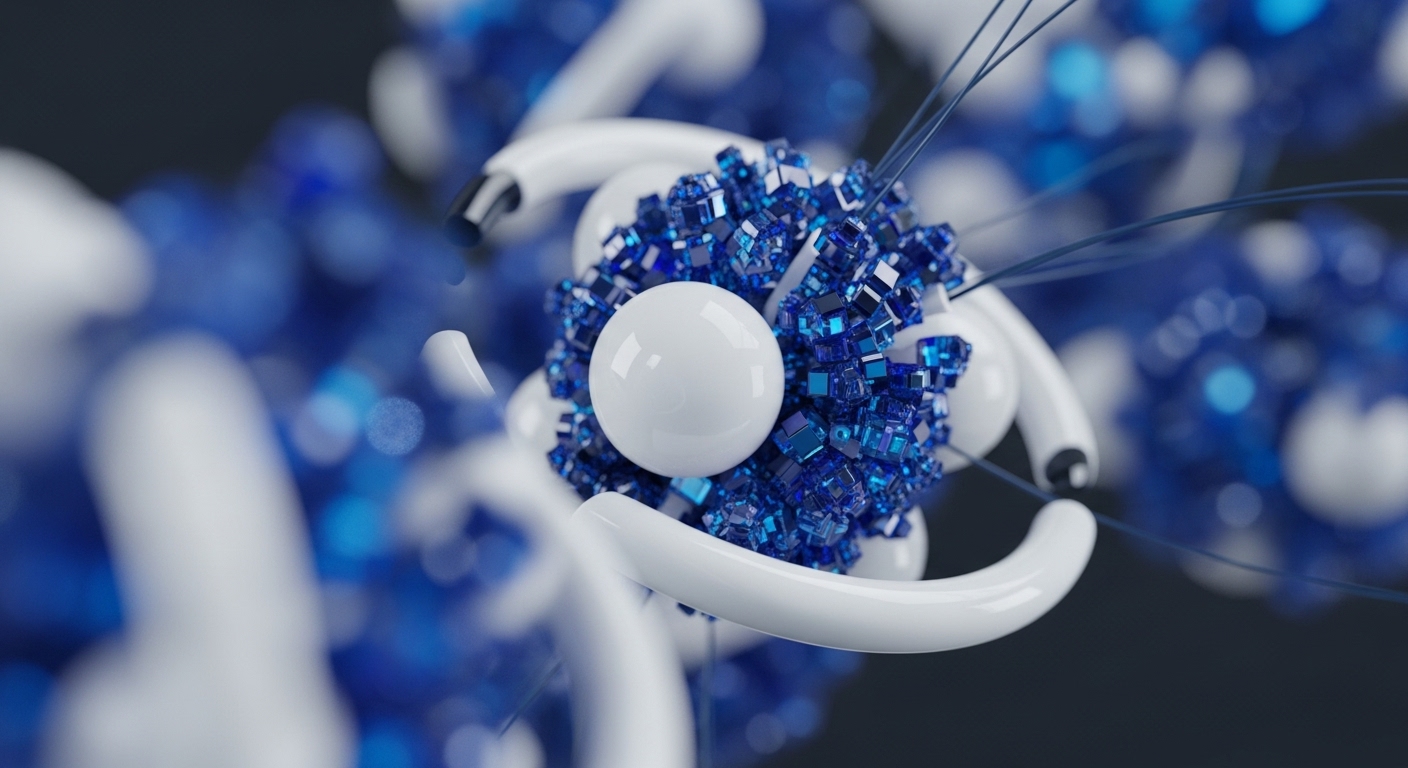 A bright white sphere is surrounded by numerous shimmering blue crystalline cubes, forming a central, intricate mass. White, smooth, curved conduits and thin dark filaments emanate from this core, weaving through a blurred background of similar blue and white elements