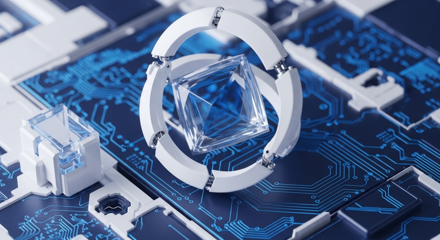 A faceted, transparent crystal is held by a white robotic manipulator, positioned over a vibrant blue circuit board depicting intricate data traces. This visual metaphor explores the convergence of quantum cryptography and decentralized ledger technology