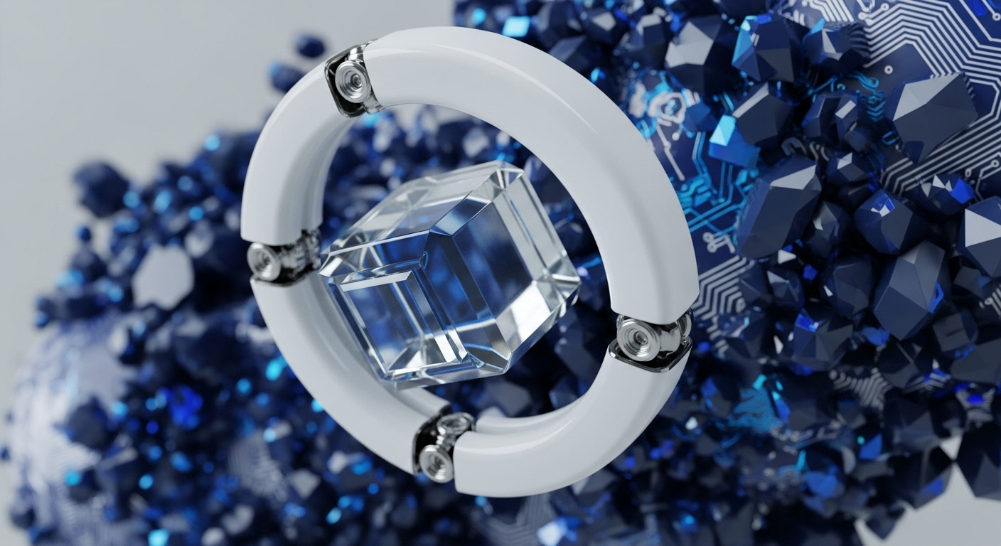A faceted crystalline cube, akin to a digital asset or a private key, is held by a white, modular ring, possibly representing a secure tokenization protocol or a private blockchain network. The surrounding environment is a dense cluster of dark blue, sharp geometric crystals and detailed circuit board traces, evoking the complex, interconnected nature of blockchain networks and the inherent security protocols