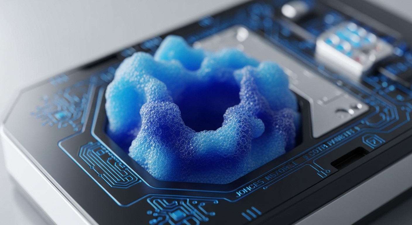 A high-resolution close-up showcases a sleek, dark gray technological device adorned with intricate, glowing blue circuit board tracery. Centrally, a vibrant, multi-toned blue frothy substance forms an elaborate, organic, ring-like structure, deeply embedded within the hardware