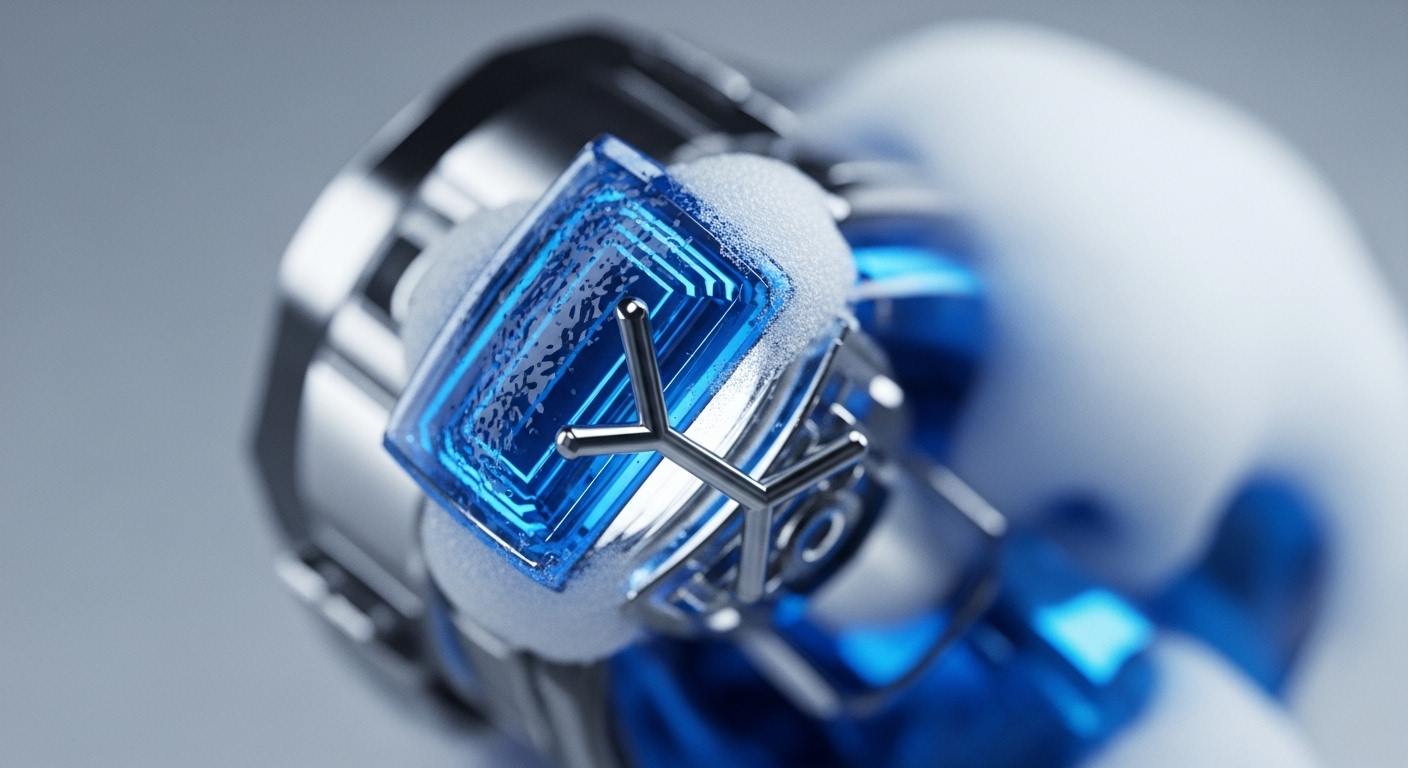 The image showcases a detailed close-up of a vibrant blue, rectangular crystalline component embedded within a sophisticated metallic device. Fine, white frosty particles are visible along the edges of the blue component, with a metallic Y-shaped structure positioned centrally