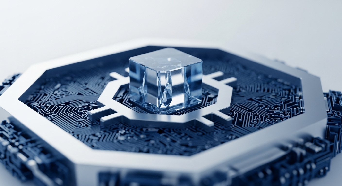 The image presents a high-angle, close-up view of a glowing, transparent blue cube centrally positioned on an intricate, dark blue circuit board. A metallic, octagonal structure frames the cube, integrating it into the complex electronic pathways that extend across the board