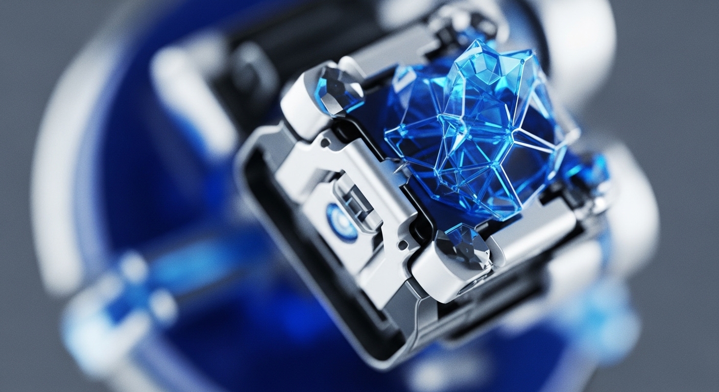 A close-up view reveals a highly detailed, futuristic mechanism featuring a prominent, faceted blue crystalline structure at its core. Polished metallic components surround this central element, illuminated by a subtle blue glow emanating from within the intricate network of the crystal