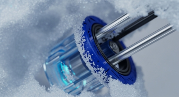 A sleek, translucent blue cylindrical device with an internal azure glow rests amidst a field of fine white granular particles. A prominent textured blue ring, also dusted with the particles, frames the entry point for two parallel metallic rods. This visual metaphor highlights cold storage mechanisms, signifying robust cryptographic integrity and the secure, immutable nature of distributed ledger technology. The device embodies a resilient validator node or a critical protocol layer component, ensuring operational stability even in demanding environments for off-chain computation.