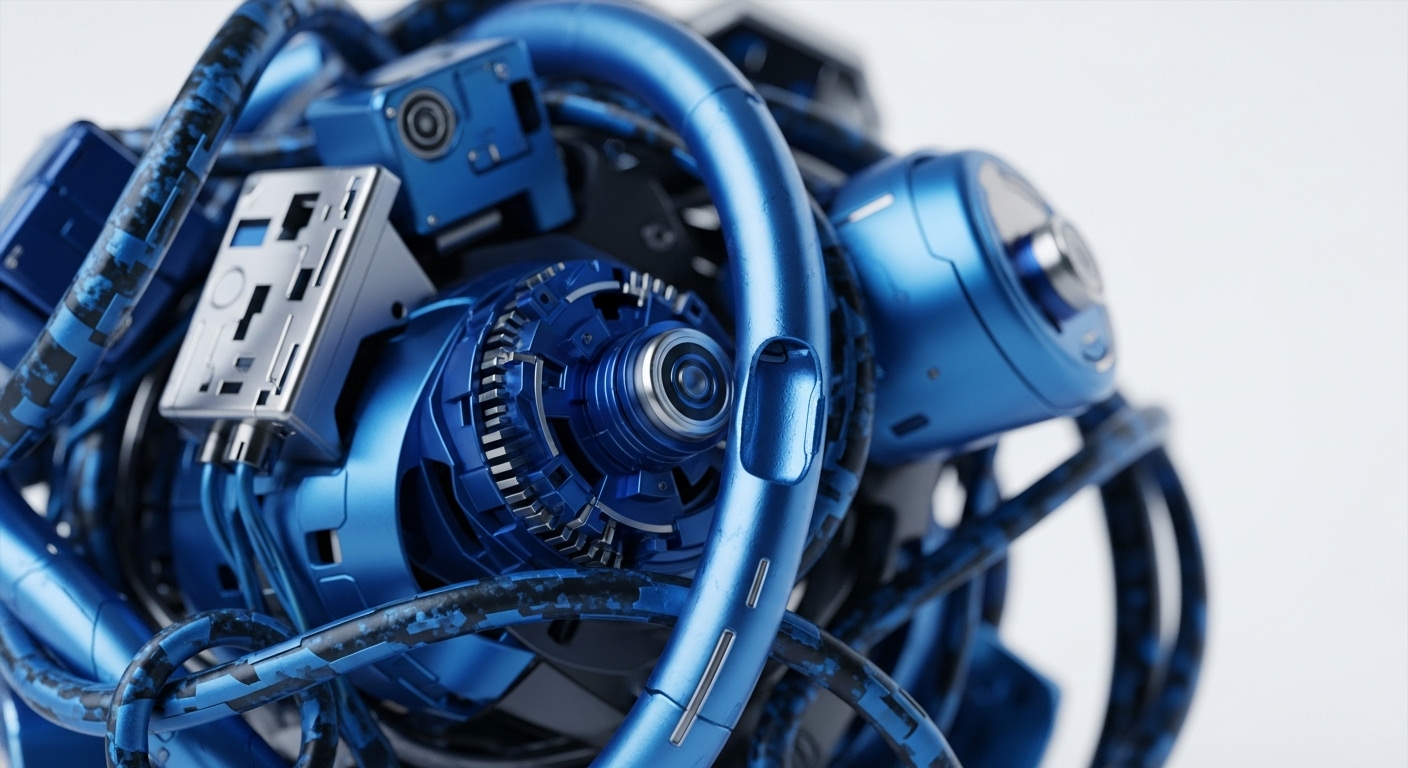 The image displays a highly detailed arrangement of metallic blue mechanical components, forming an intricate system of tubes, gears, and sensor-like elements. Polished surfaces reflect light, highlighting the precise engineering of the central lens-like unit and surrounding mechanisms, all set against a clean white background