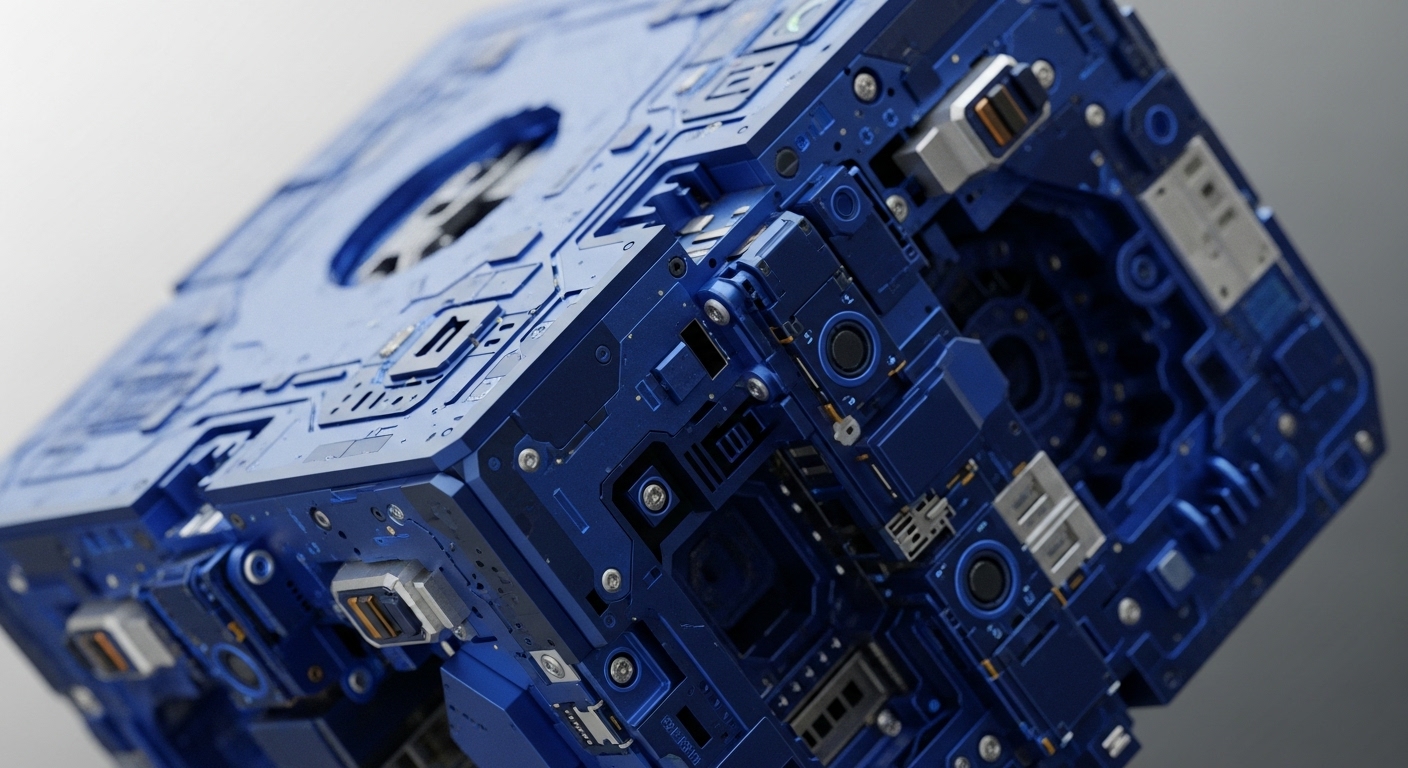 A highly detailed, deep blue metallic cube, featuring intricate paneling, visible screws, and sophisticated internal components, is presented against a subtle gradient background. The multifaceted structure highlights advanced engineering, with its complex surfaces and exposed mechanisms suggesting a high-performance computational unit