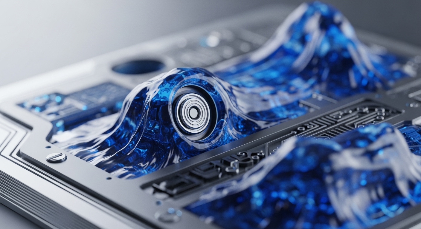 A metallic chassis with intricate circuit patterns encapsulates a vibrant, translucent blue fluid, which undulates around a central, multi-ringed mechanism. Glowing blue elements within the fluid illuminate the internal structure, suggesting active processes