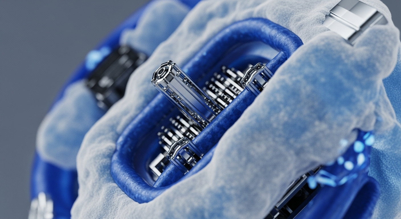 A close-up view showcases a complex internal mechanism, featuring polished metallic components encased within textured blue and light-blue structures. The central focus is a transparent, reflective, hexagonal rod surrounded by smaller metallic gears or fins, all integrated into a soft, granular matrix