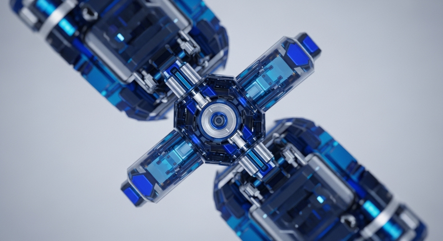 A futuristic, intricately designed mechanical structure dominates the frame, showcasing a central hexagonal core with four robust arms extending outwards. Rendered in brilliant translucent blue and polished silver, the components reveal internal glowing elements, hinting at complex functionality
