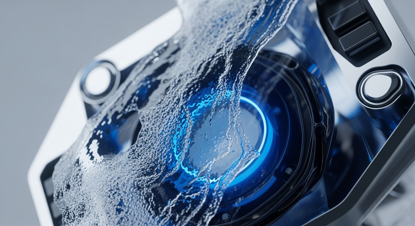 A futuristic, metallic device with a prominent, glowing blue circular element, resembling a high-performance blockchain node or cryptographic processor, is dynamically interacting with a transparent, turbulent fluid. This fluid, representative of liquidity pools or high-volume transaction streams, courses over the device's polished surfaces and integrated control buttons, indicating active network consensus processing