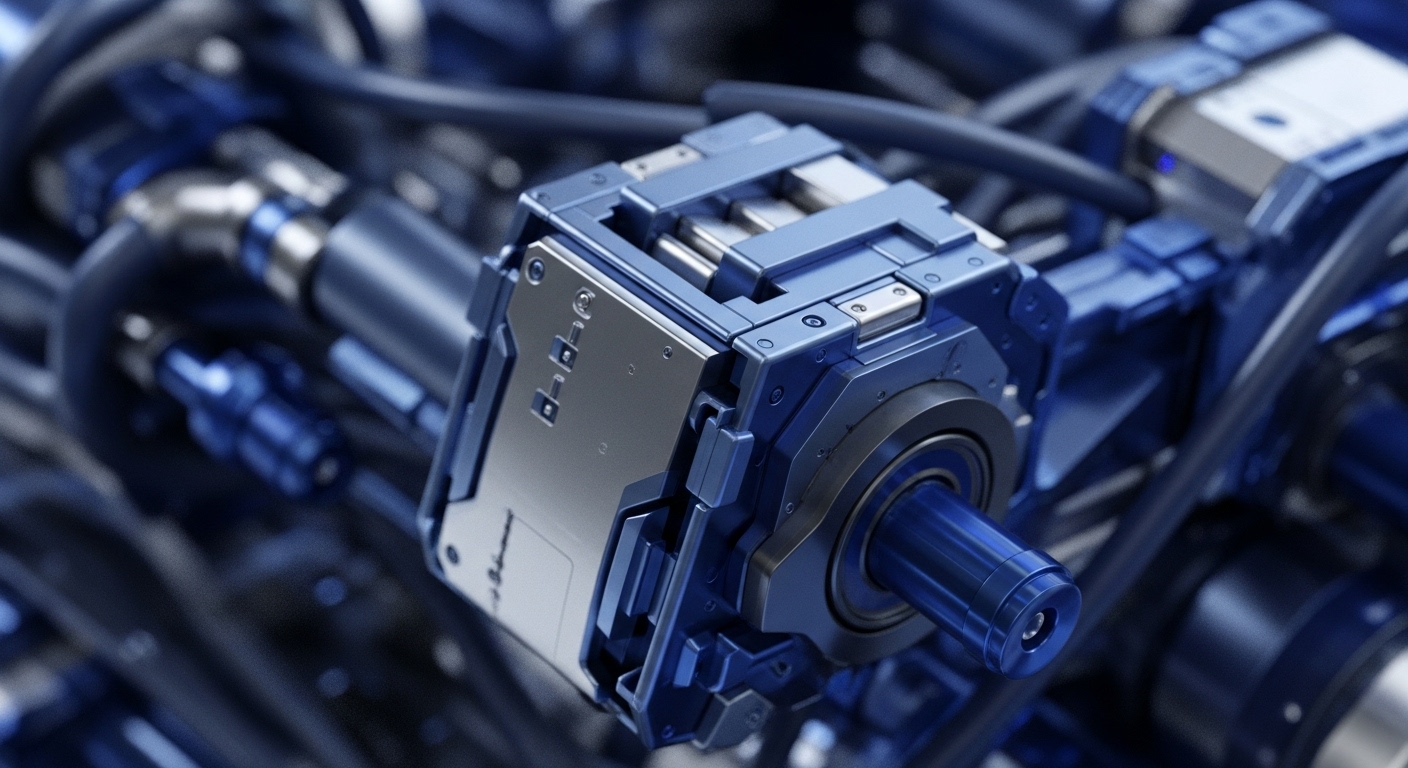 The image displays a detailed view of a complex blue and silver mechanical component, prominently featuring a central block-like unit with an exposed shaft and intricate paneling. Surrounding this core mechanism are numerous dark blue cables and metallic connectors, suggesting a sophisticated interconnected system