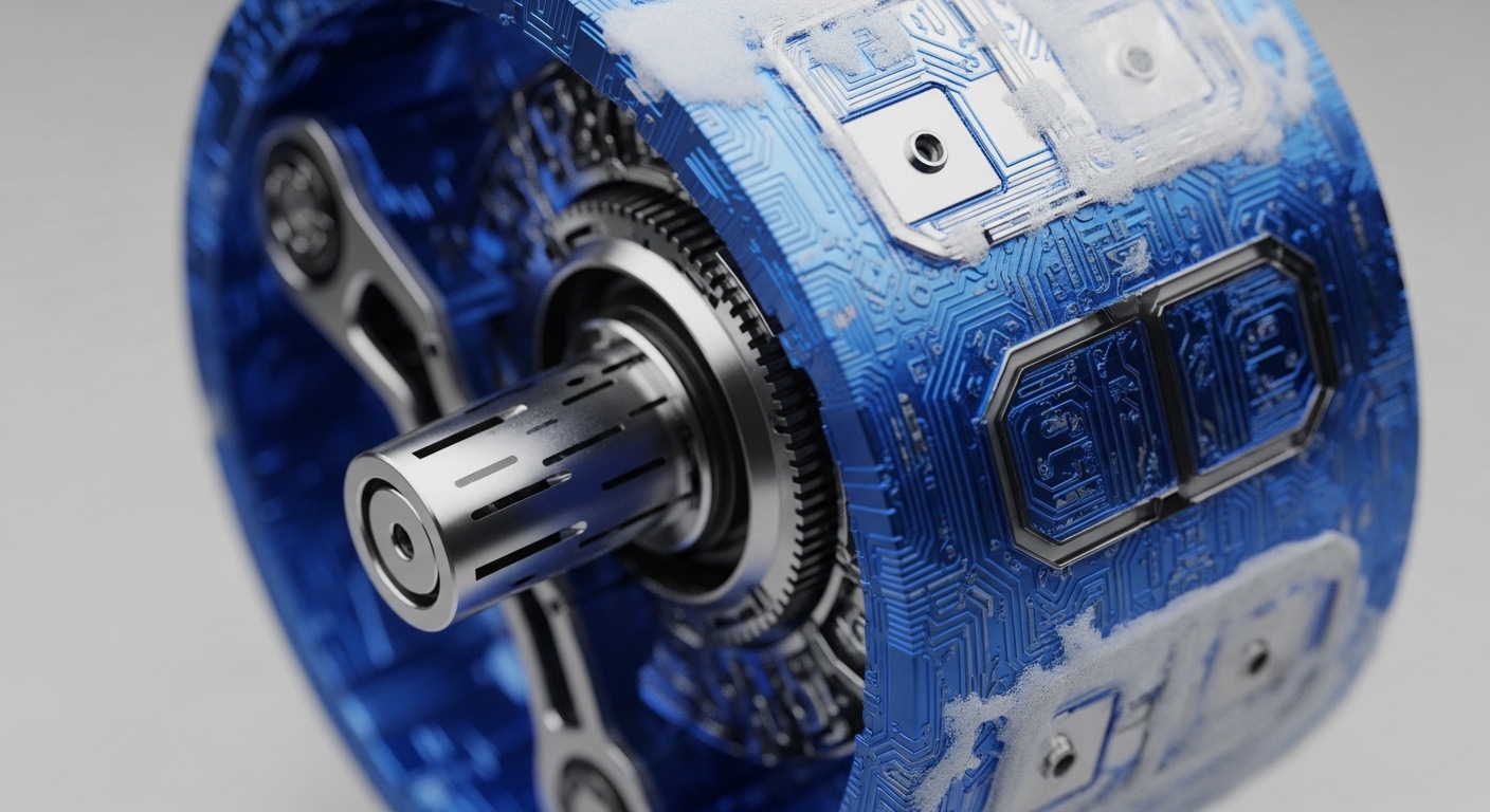 A close-up view reveals a sophisticated metallic blue cylindrical mechanism, adorned with intricate circuit board patterns, suggesting advanced decentralized infrastructure. A central silver shaft with slotted vents and gears indicates precise mechanical and computational function. Patches of frost adhere to the blue surface, particularly around embedded rectangular modules, highlighting a cryogenic cooling system essential for maintaining optimal operating temperatures. This design signifies a robust secure enclave for critical cryptographic operations within a high-performance distributed ledger technology environment, ensuring data integrity and resilience.