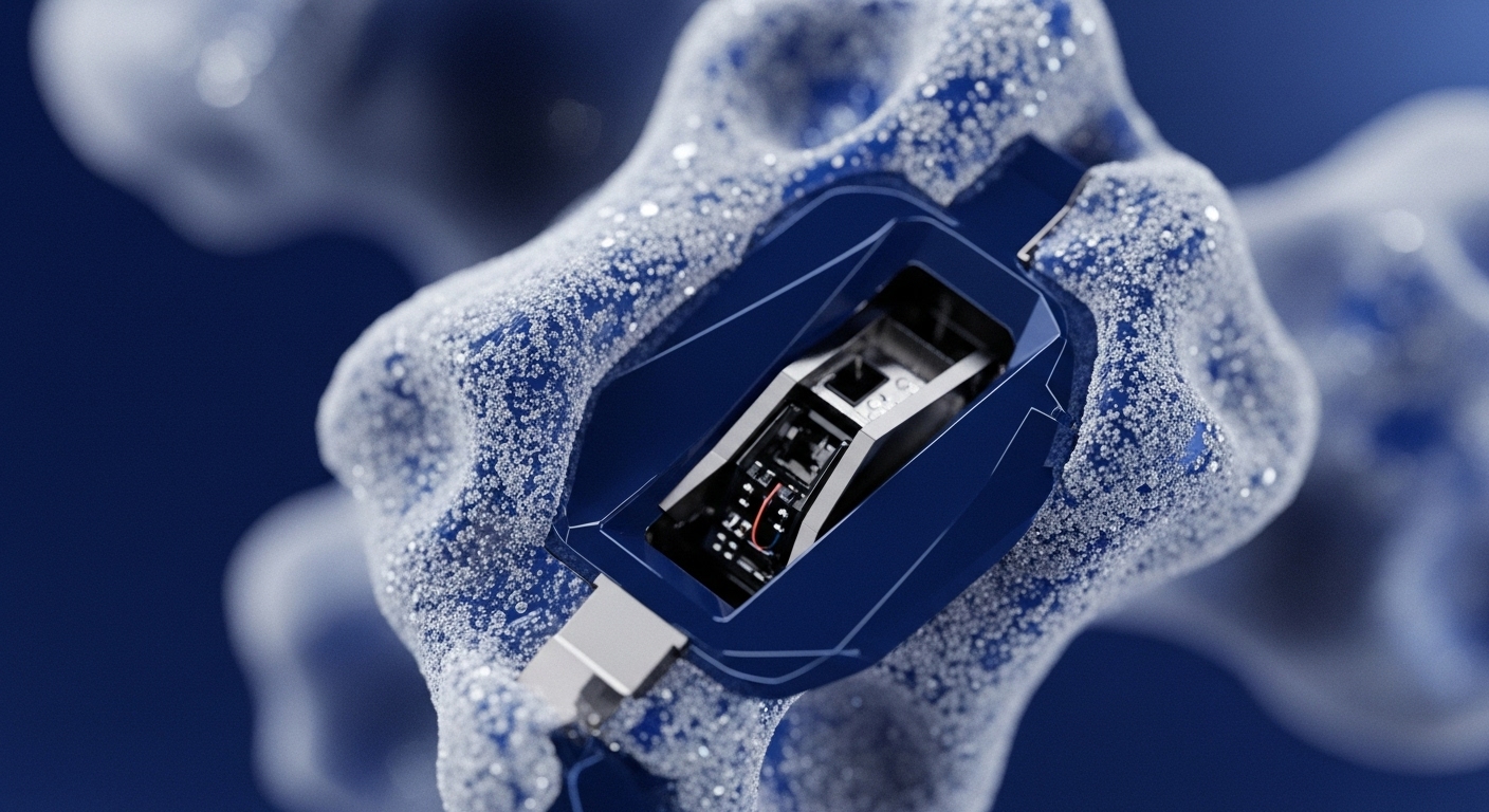 A sleek, dark blue hardware device with exposed internal components is integrated into a larger, abstract blue structure covered in sparkling white particles. A metallic connector extends from the device, suggesting connectivity