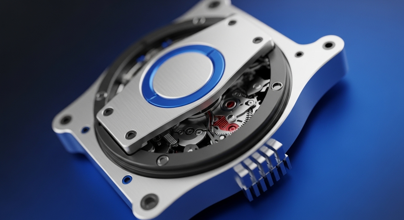 A close-up view presents a sophisticated metallic device, predominantly silver and blue, revealing intricate internal gears and components, some featuring striking red details, all situated on a deep blue backdrop. A central, brushed metal plate with a bright blue circular ring is partially lifted, exposing the complex mechanical workings beneath