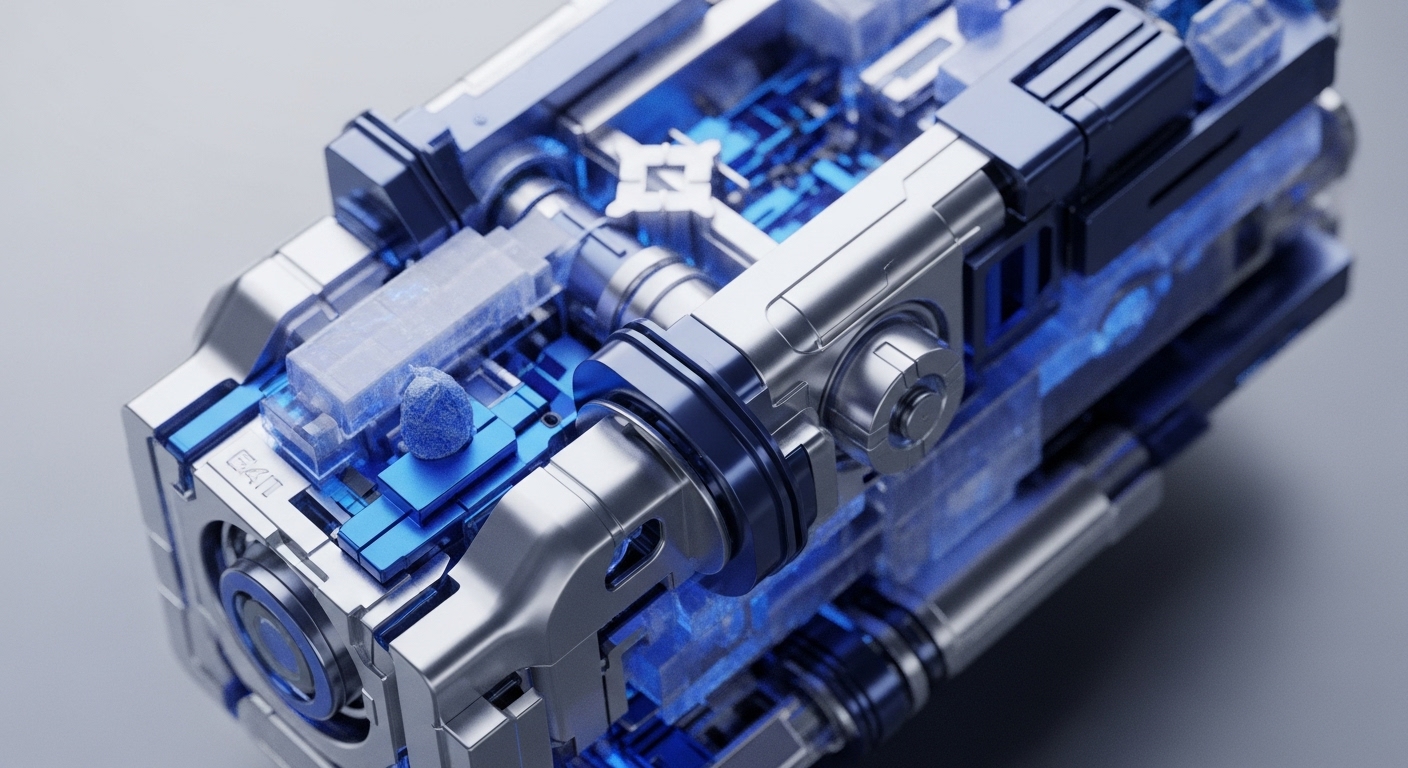 The image displays a highly detailed, close-up perspective of a futuristic, metallic and translucent blue technological apparatus. Its modular construction showcases intricate silver and dark blue components, accented by internal glowing blue light emanating from transparent sections