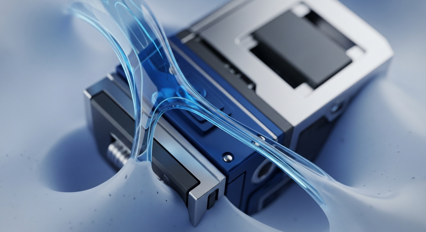 The image displays a close-up of a blue and metallic hardware component, featuring dark grey accents and visible fasteners, partially embedded in a soft, light blue, flowing surface. A vibrant, translucent blue stream of liquid-like data gracefully moves across and around the component, creating dynamic reflections