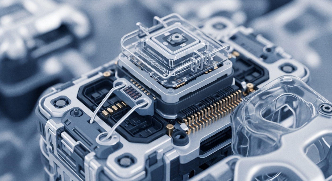 A detailed macro shot presents an advanced electronic circuit component, showcasing transparent casing over a central processing unit and numerous metallic connectors. The component features intricate wiring and gold-plated contact pins, set against a backdrop of blurred similar technological elements in cool blue and silver tones