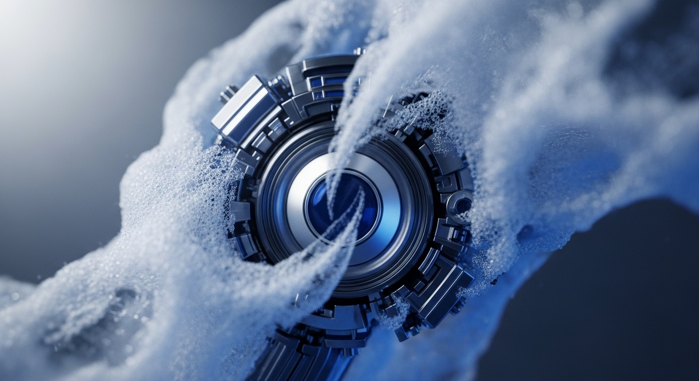 A highly detailed, metallic circular mechanism with a glowing blue core is partially enveloped by effervescent white foam. The intricate design suggests advanced engineering, possibly representing a validator node or oracle processing complex data