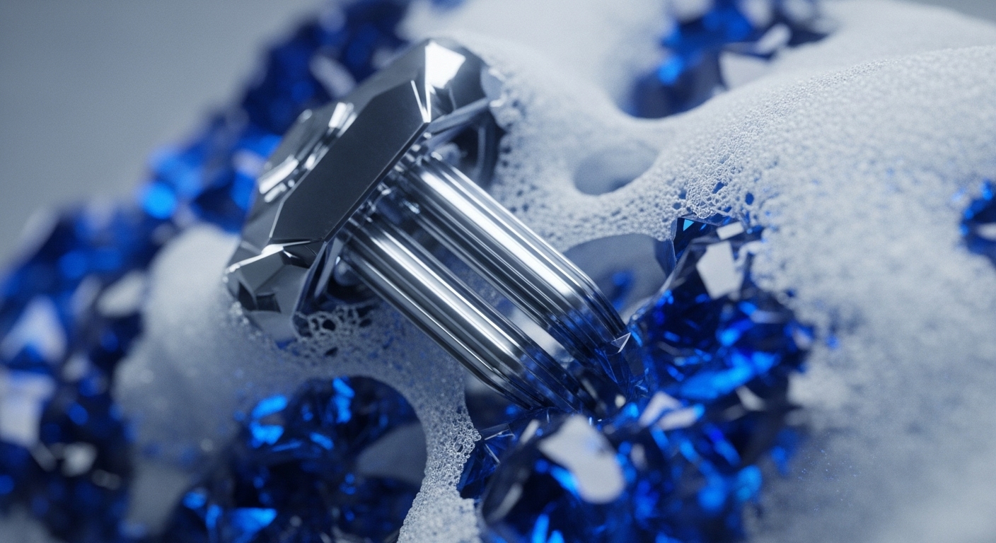 A polished metallic object, featuring multiple parallel blades and geometric facets, protrudes from a layer of fine white foam. Bright blue, irregularly shaped crystalline structures are scattered beneath and around the foamy surface