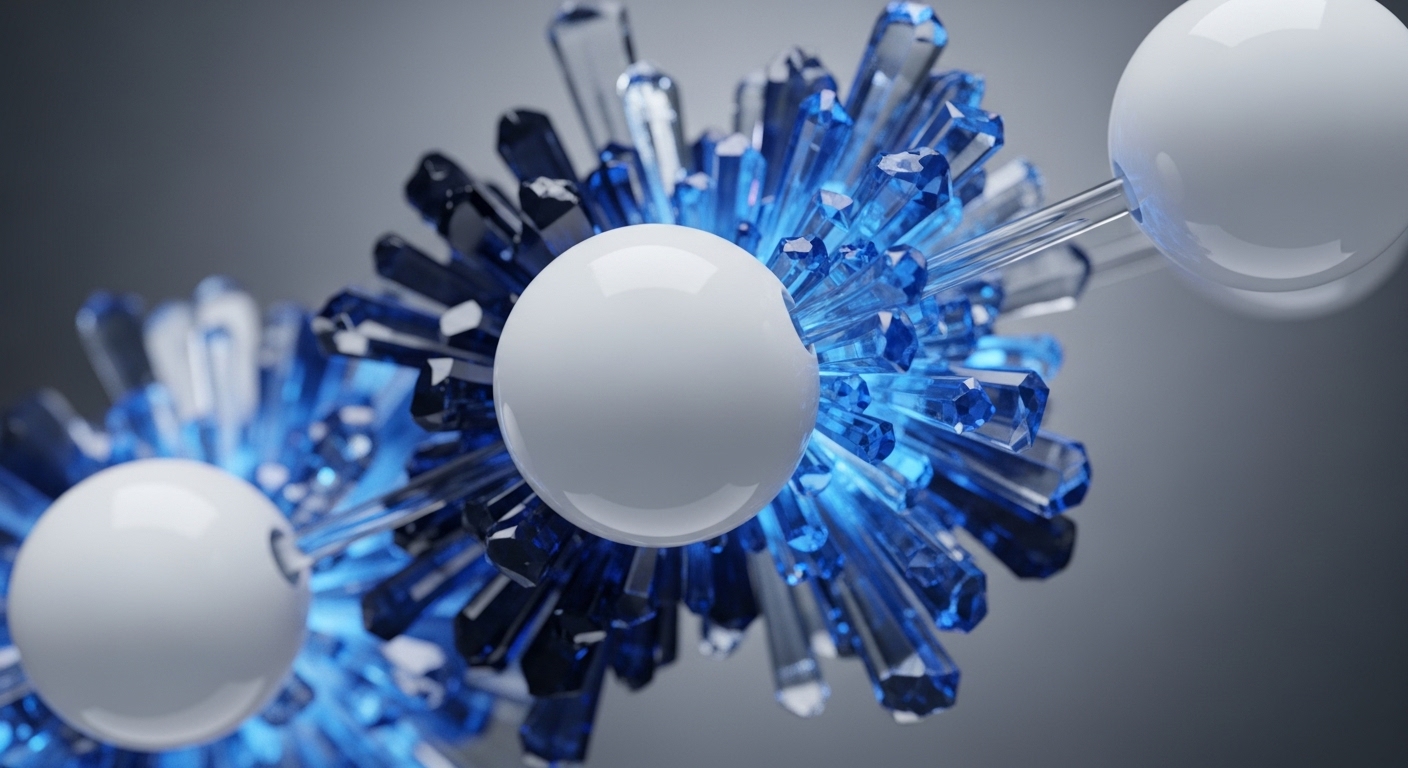 A chain of glossy white spheres linked by transparent rods extends across a grey background, each sphere encircled by a dynamic cluster of blue and clear crystalline shards radiating light. The composition suggests an abstract representation of interconnected digital entities or processes
