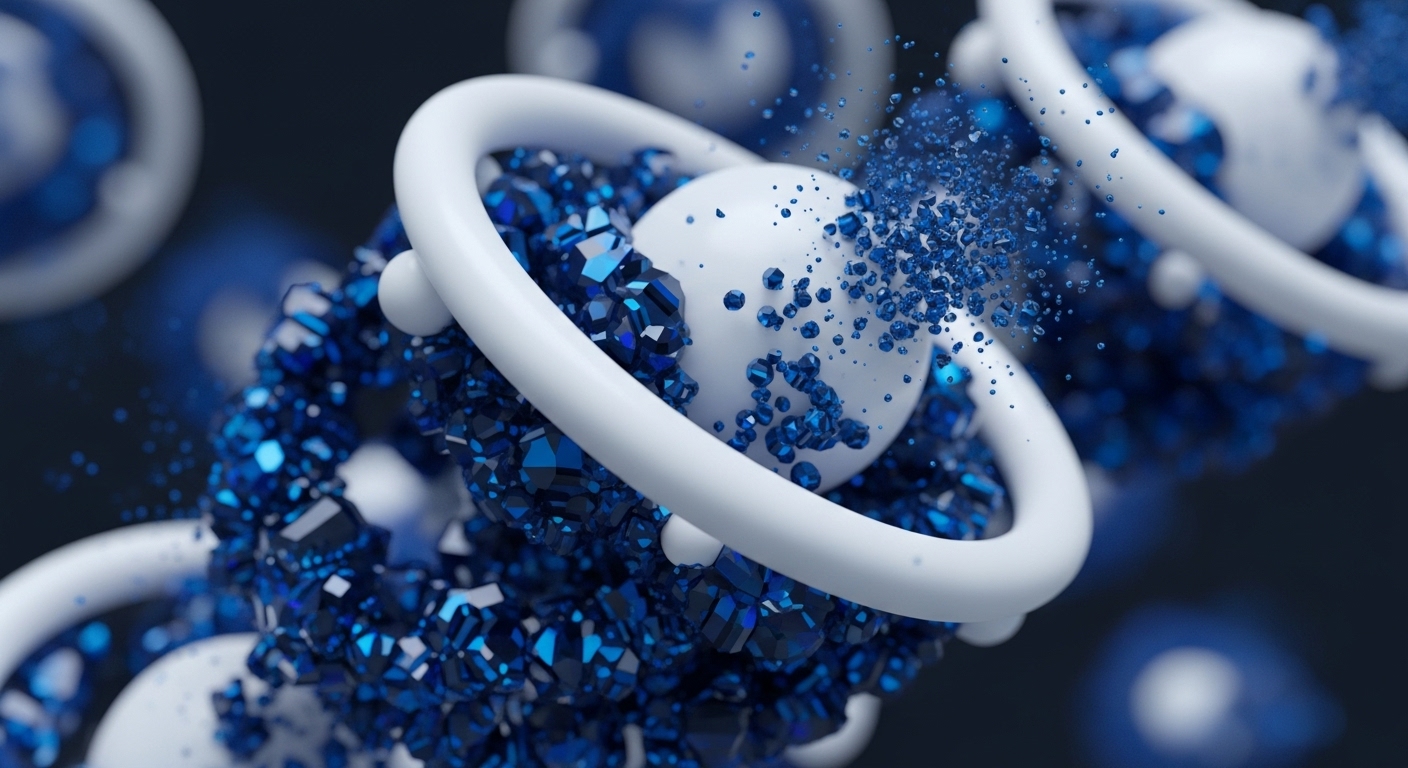 The foreground features a prominent white sphere surrounded by a smooth white ring, embedded within a dense cluster of dark blue, faceted crystalline fragments. These fragments dynamically scatter and disperse from the central sphere, creating a vibrant blue burst against a blurred dark background