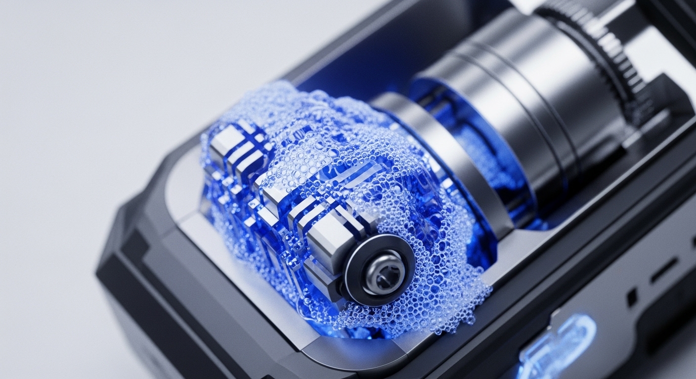 Intricate metallic structures are visibly submerged within a luminous, effervescent blue fluid, forming the operational heart of a sophisticated mechanism. Cylindrical components and precise gearing elements are partially visible in the background, hinting at complex internal dynamics
