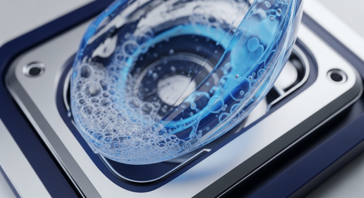 A transparent vessel filled with vibrant blue liquid and numerous effervescent bubbles rests within a meticulously crafted metallic and dark blue housing. The dynamic interplay of the fluid and bubbles visually articulates complex operational processes, suggesting contained, high-performance activity